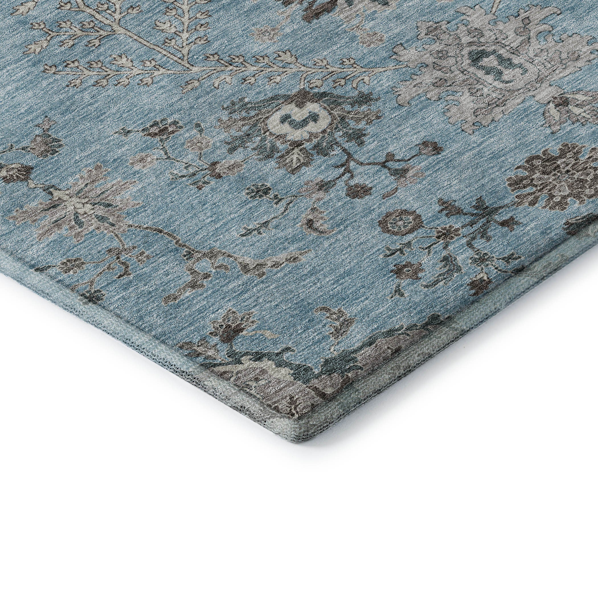 8' Sky Blue Beige And Gray Floral Washable Round Rug With UV Protection - Home & Garden