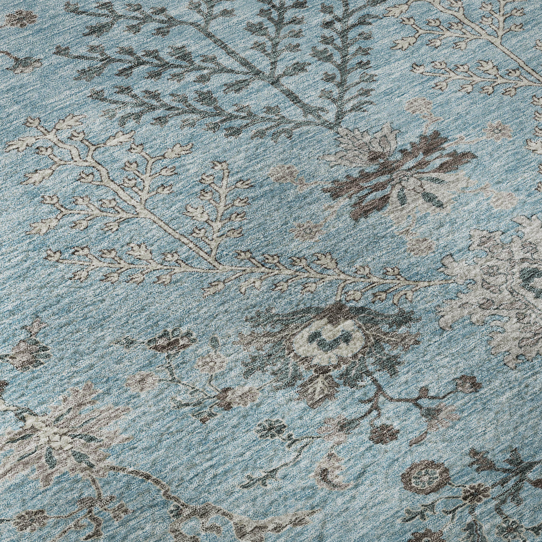 8' Sky Blue Beige And Gray Floral Washable Round Rug With UV Protection - Home & Garden