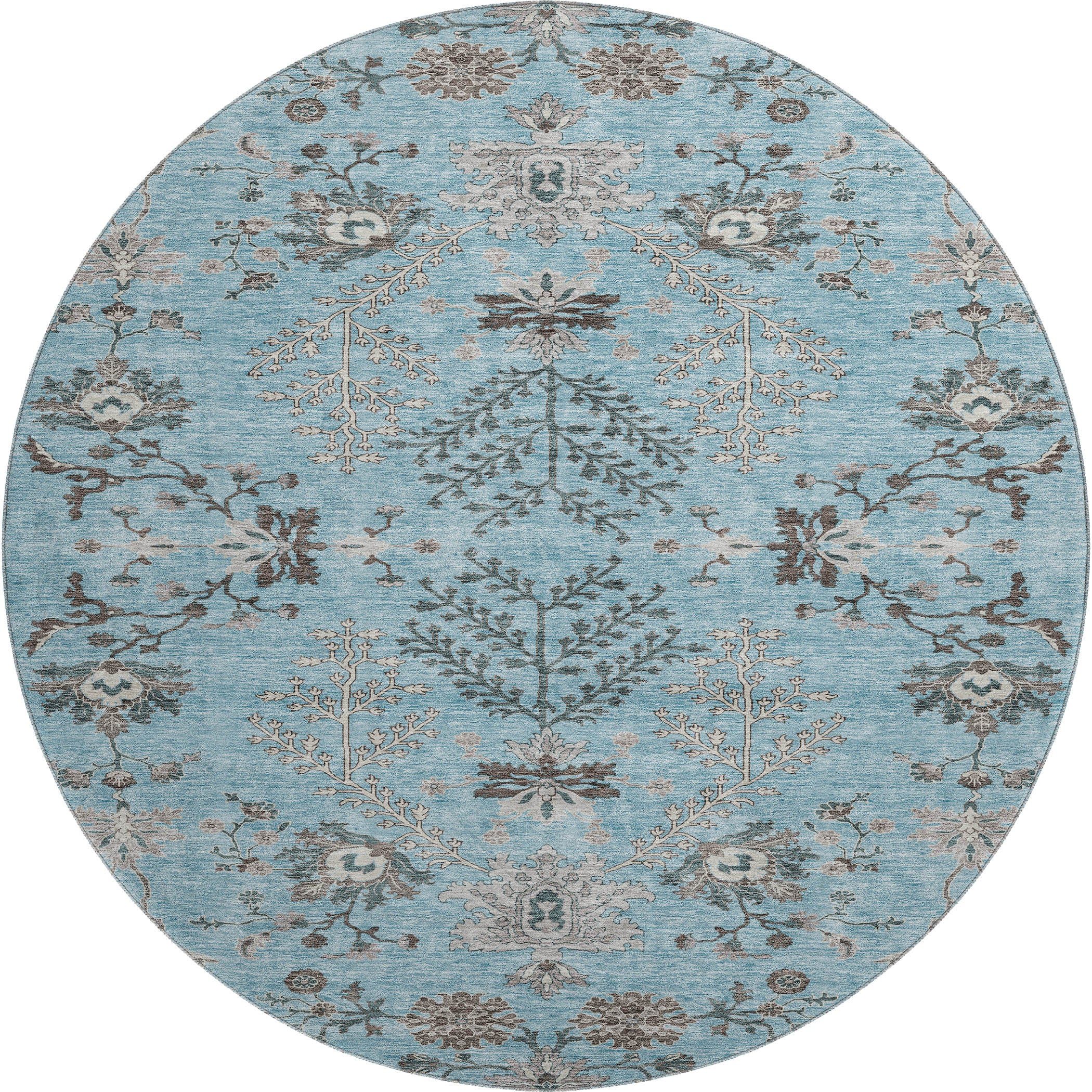 8' Sky Blue Beige And Gray Floral Washable Round Rug With UV Protection - Home & Garden