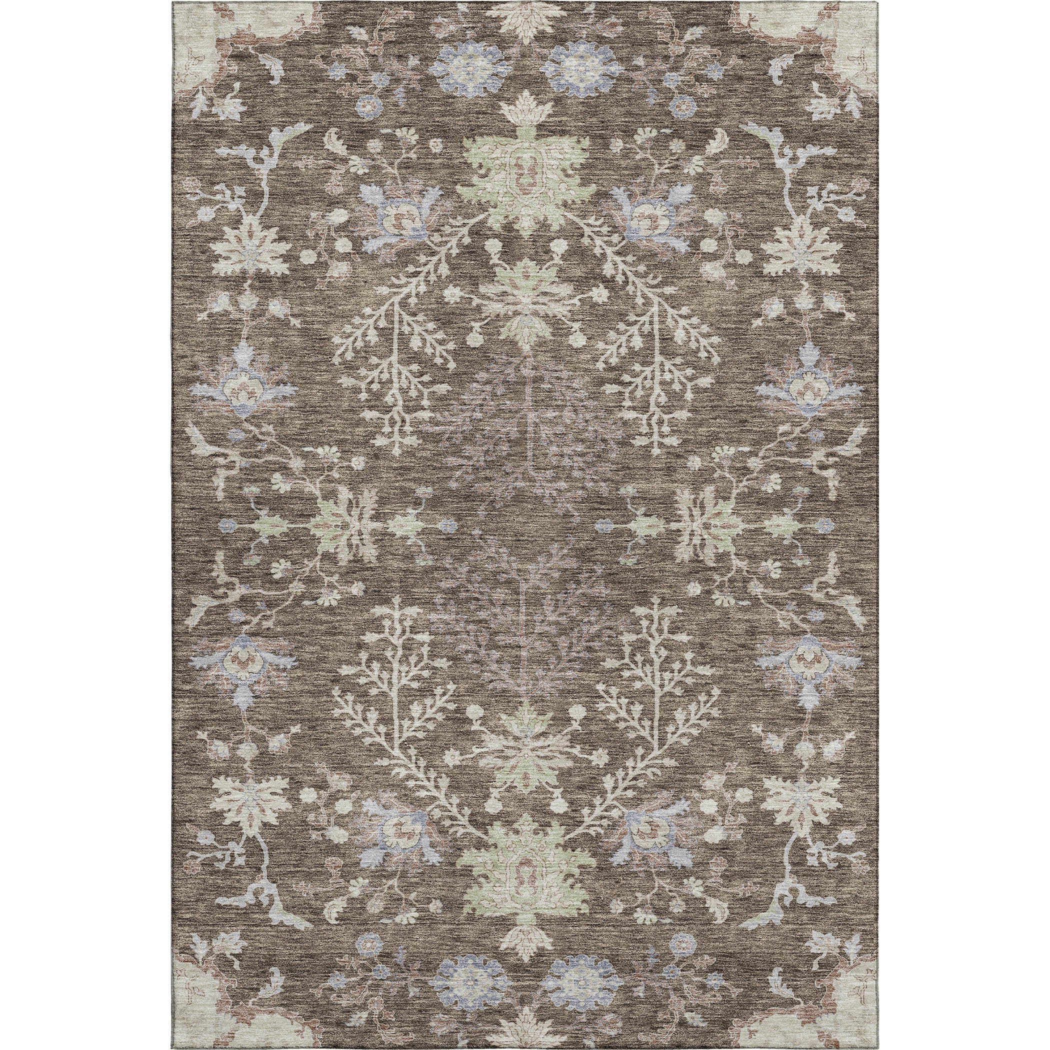 10' X 14' Brown Beige And Blue Floral Washable Area Rug With UV Protection - Home & Garden