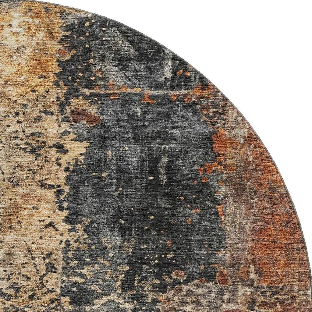 8' Copper Beige And Gray Abstract Washable Round Rug With UV Protection - Home & Garden