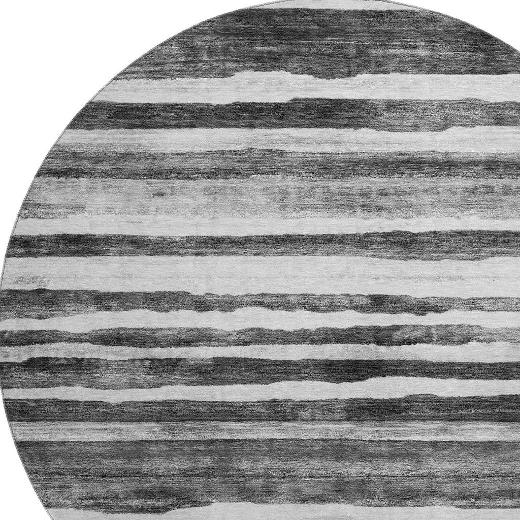 8' Charcoal And Ivory Striped Washable Round Rug With UV Protection - Home & Garden