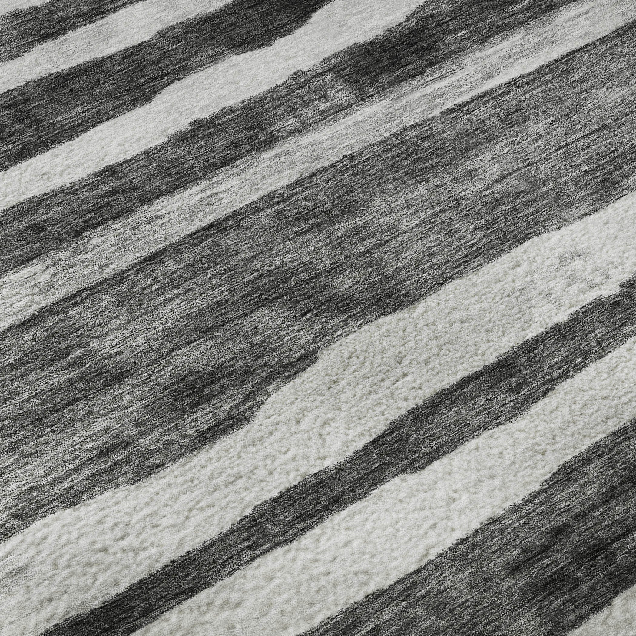 8' Charcoal And Ivory Striped Washable Round Rug With UV Protection - Home & Garden