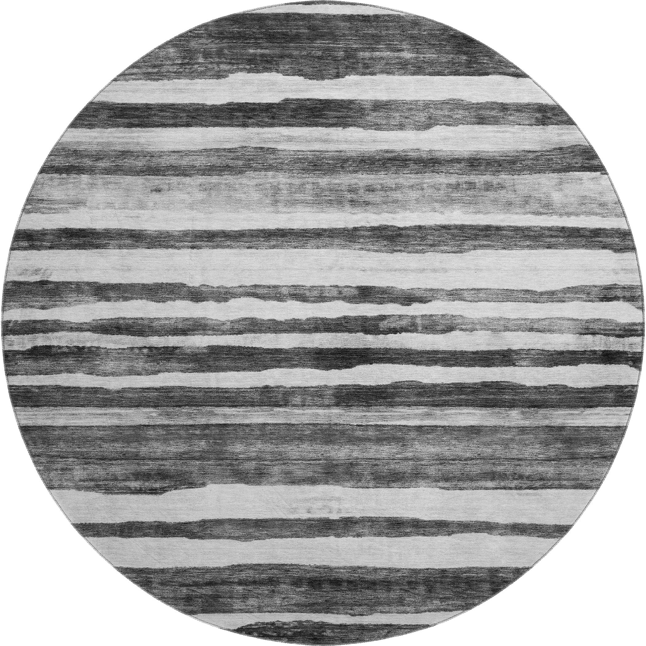 8' Charcoal And Ivory Striped Washable Round Rug With UV Protection - Home & Garden