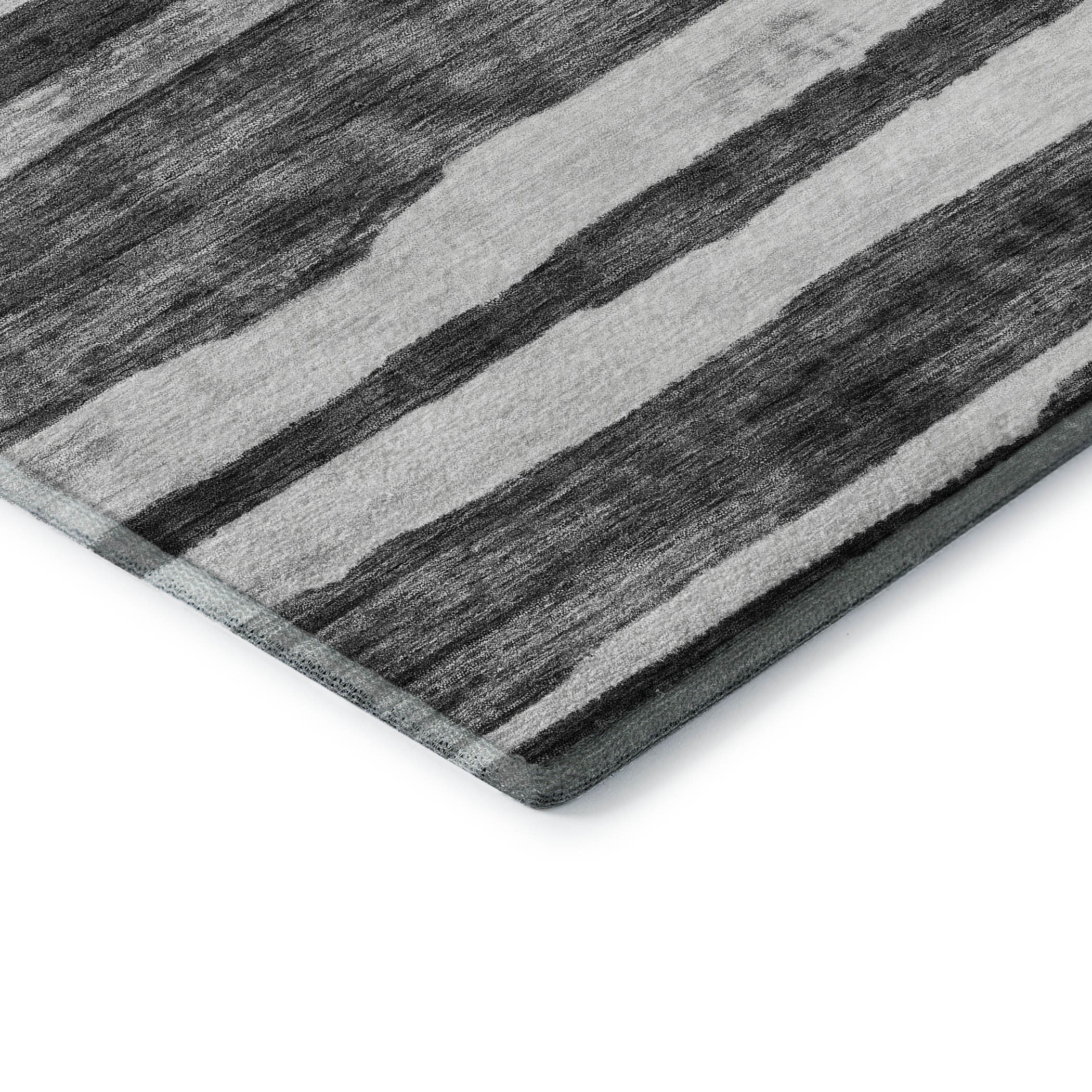 8' Charcoal And Ivory Striped Washable Round Rug With UV Protection - Home & Garden