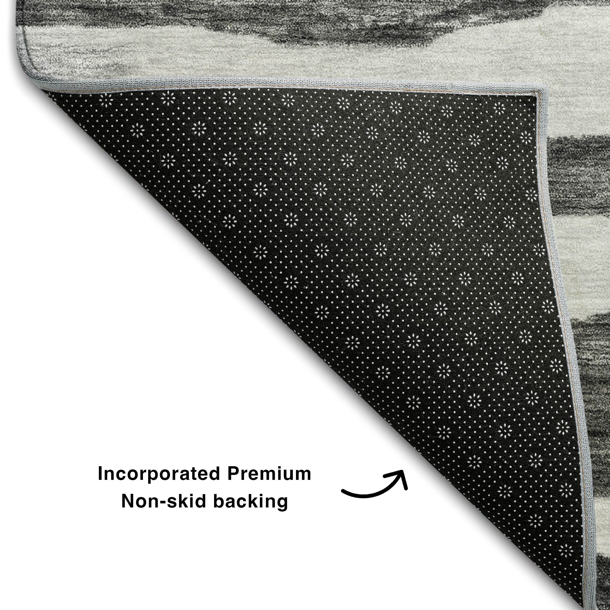 8' Charcoal And Ivory Striped Washable Round Rug With UV Protection - Home & Garden