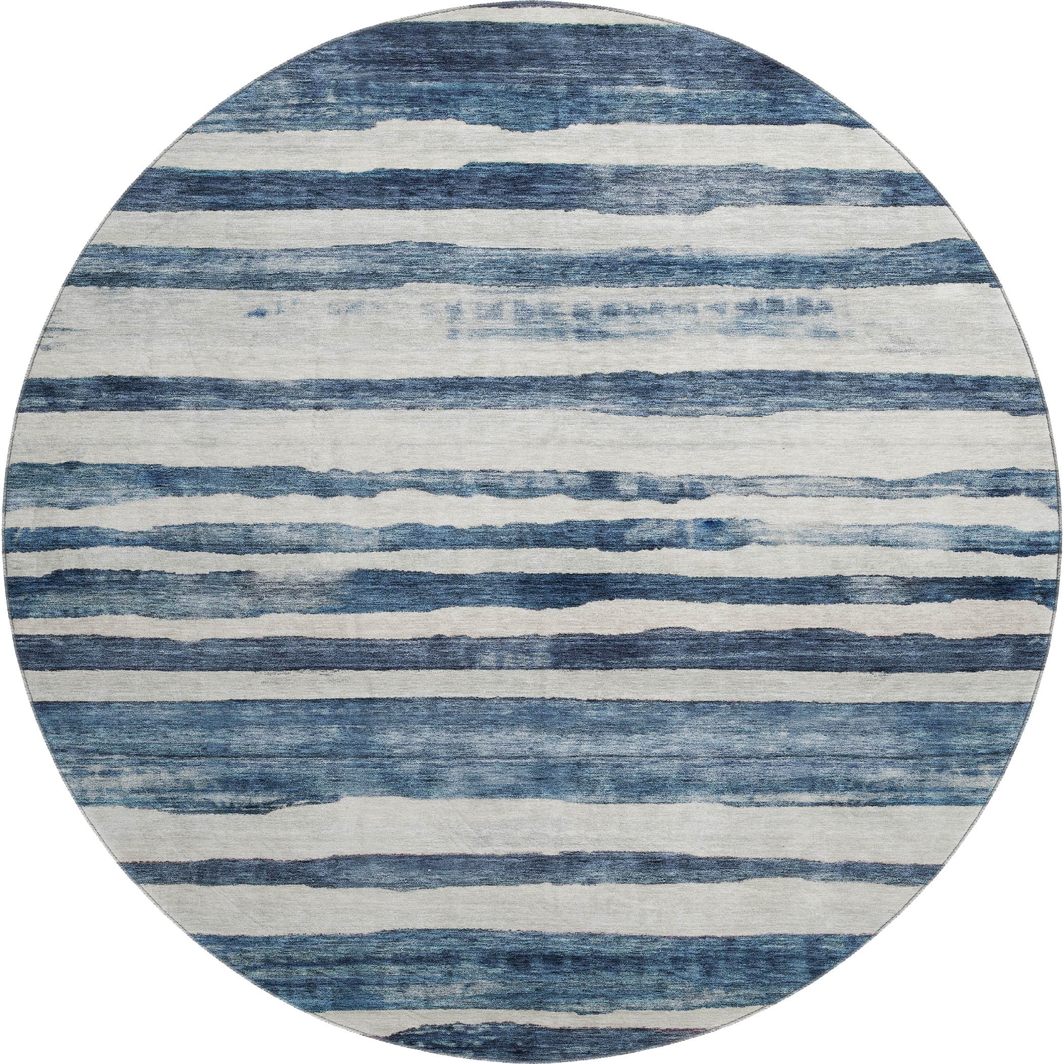 8' Denim Blue And Ivory Striped Washable Round Rug With UV Protection - Home & Garden