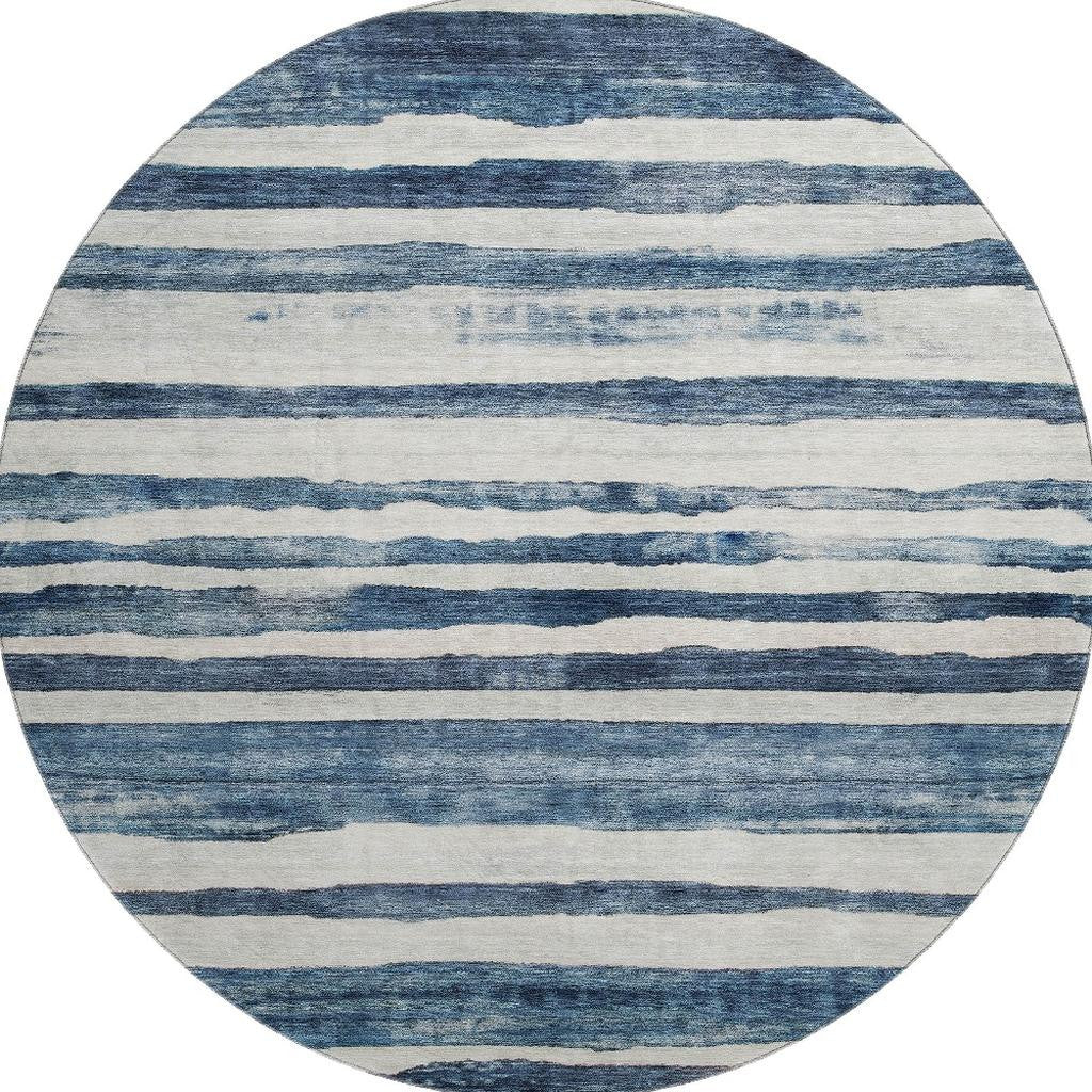 8' Denim Blue And Ivory Striped Washable Round Rug With UV Protection - Home & Garden