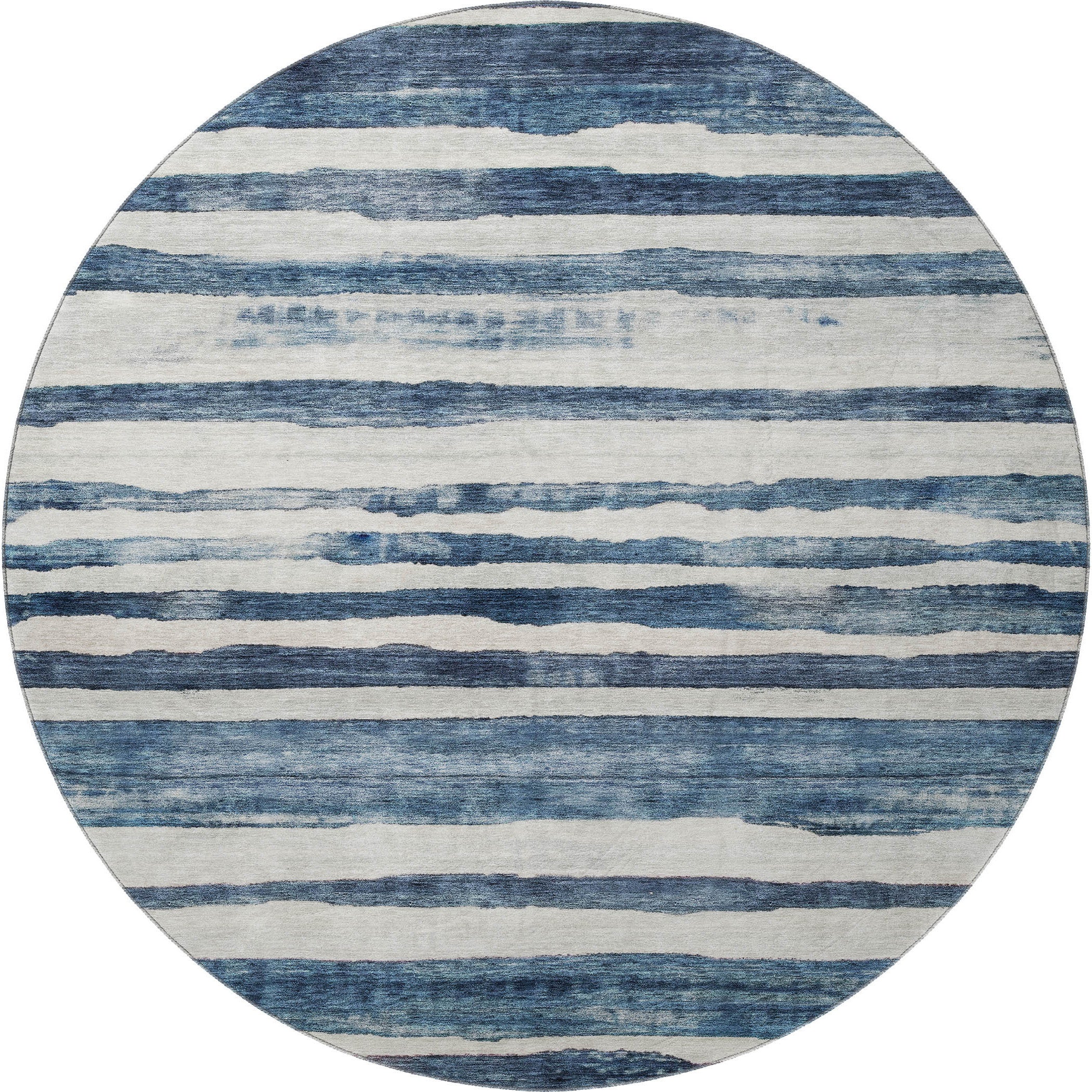 8' Denim Blue And Ivory Striped Washable Round Rug With UV Protection - Home & Garden