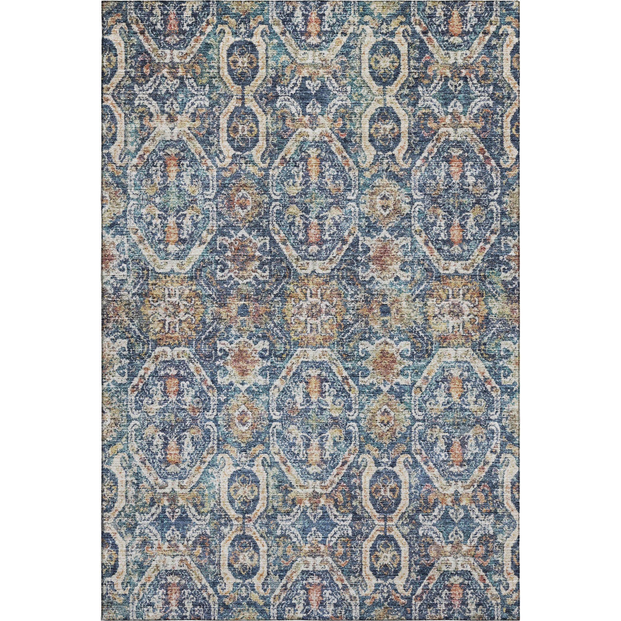 10' X 14' Denim Blue Beige And Copper Medallion Washable Area Rug With UV Protection - Home & Garden