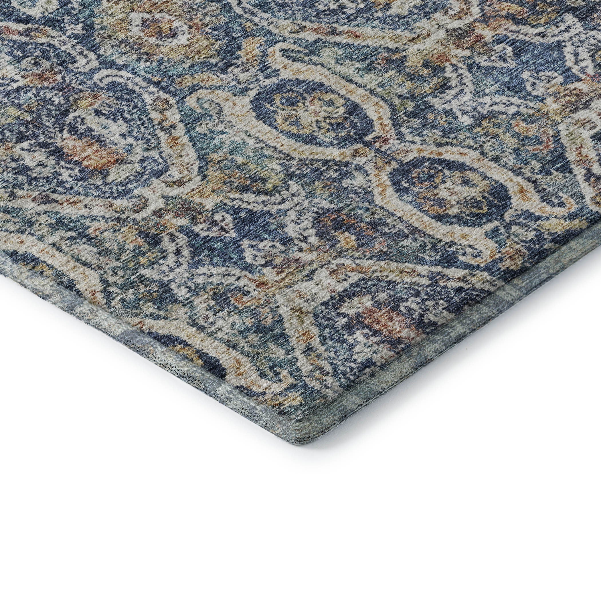 10' X 14' Denim Blue Beige And Copper Medallion Washable Area Rug With UV Protection - Home & Garden