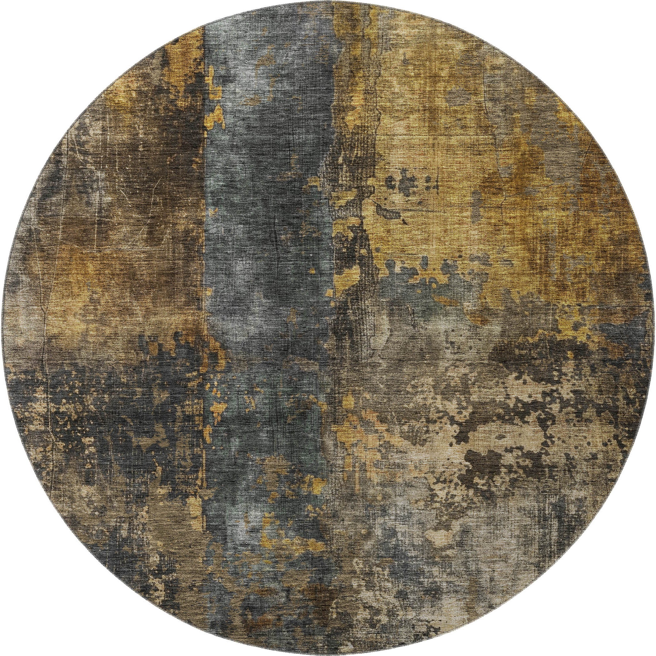 8' Gray Teal And Gold Striped Washable Round Rug With UV Protection - Home & Garden