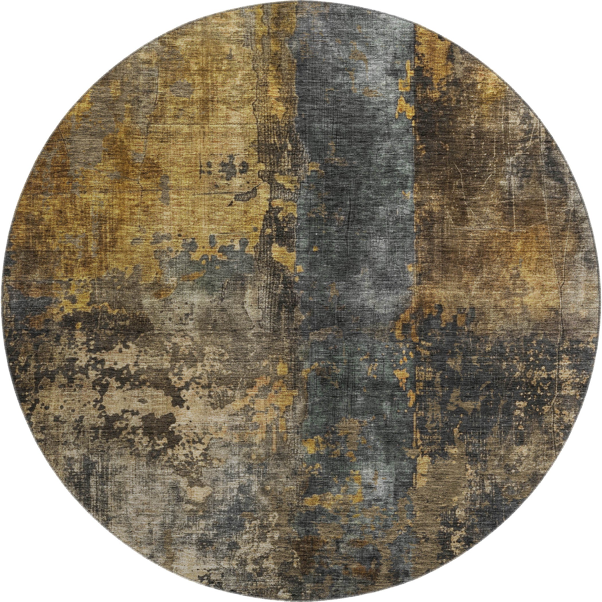 8' Gray Teal And Gold Striped Washable Round Rug With UV Protection - Home & Garden