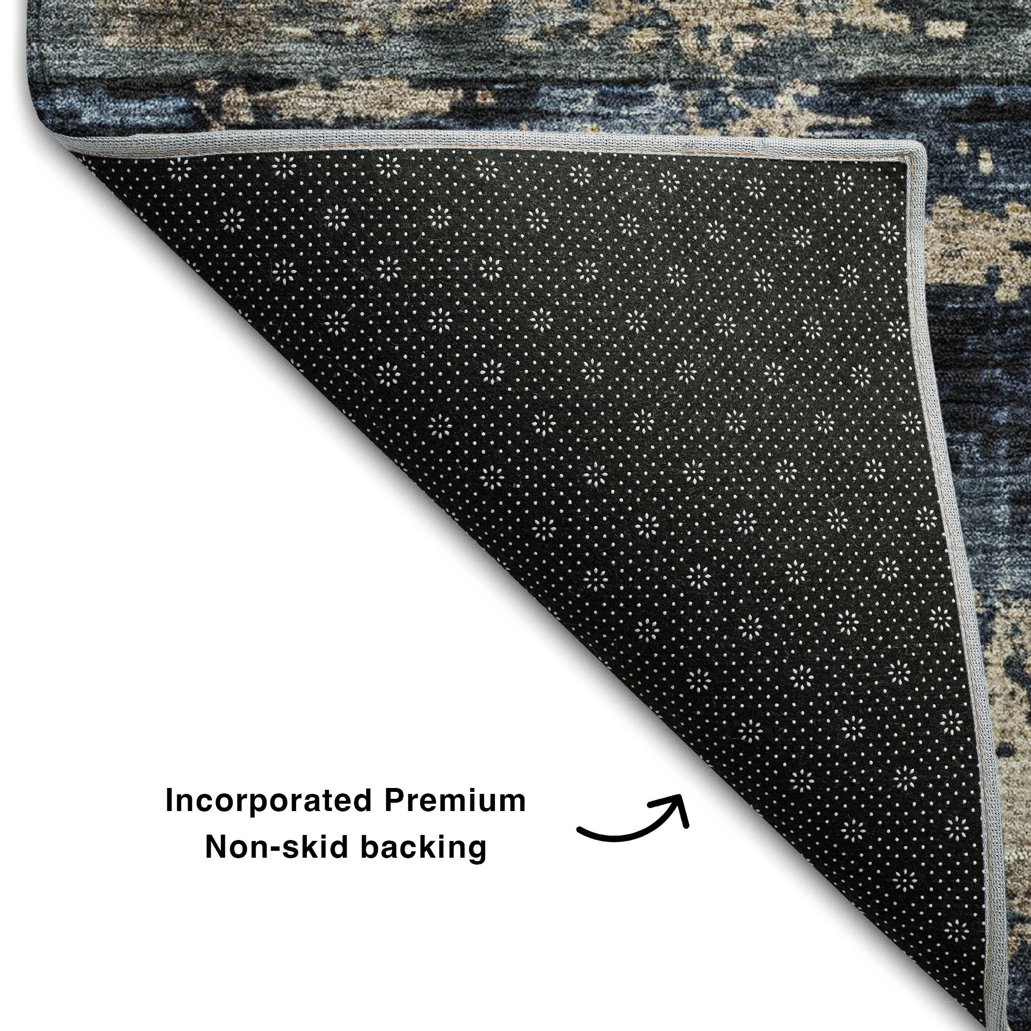 5' X 8' Navy Blue Gray And Silver Abstract Washable Area Rug With UV Protection - Home & Garden