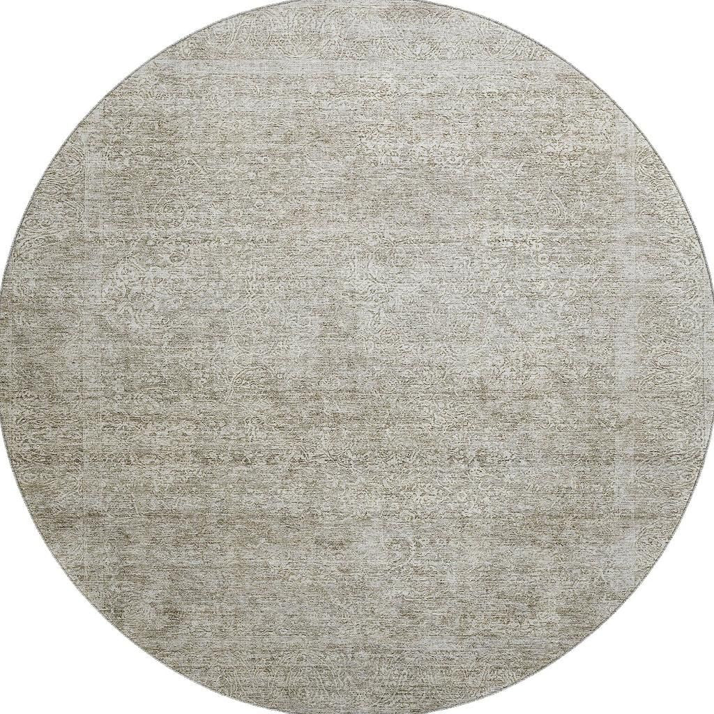 8' Linen And Ivory Abstract Washable Round Rug With UV Protection - Home & Garden