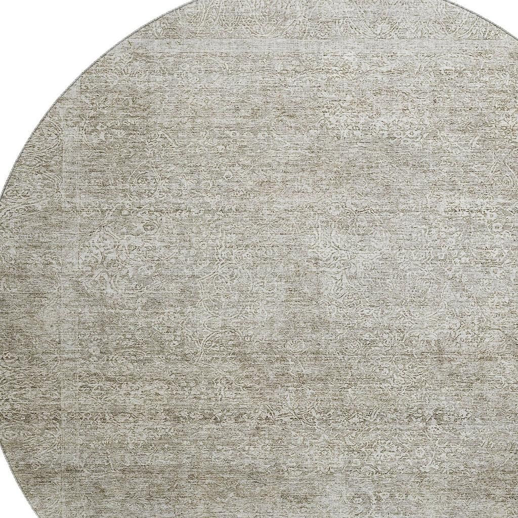 8' Linen And Ivory Abstract Washable Round Rug With UV Protection - Home & Garden
