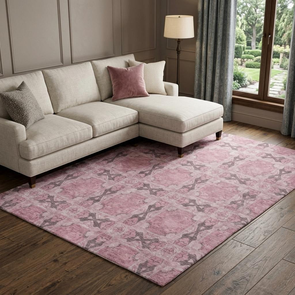 10' X 14' Pink And Gray Geometric Shag Washable Area Rug With UV Protection - Home & Garden