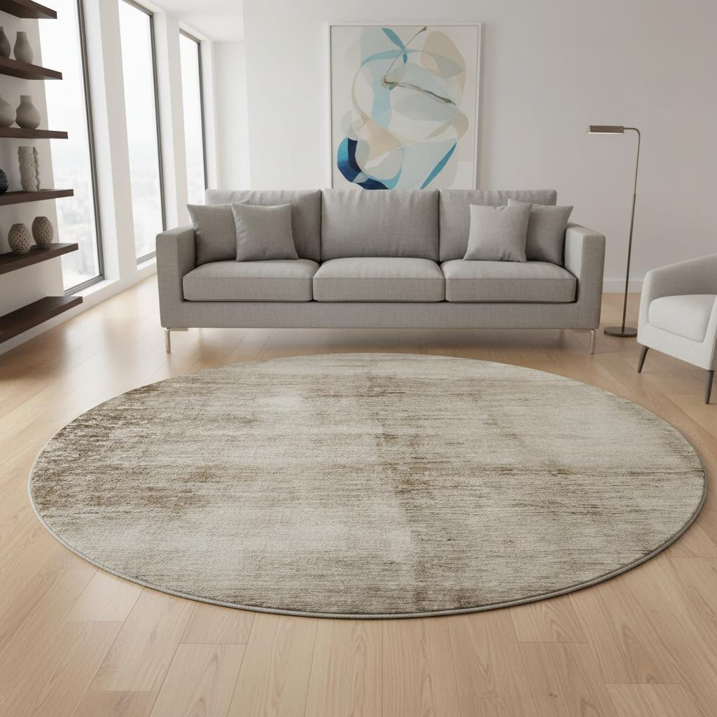 8' Beige And Brown Abstract Washable Round Rug With UV Protection - Home & Garden