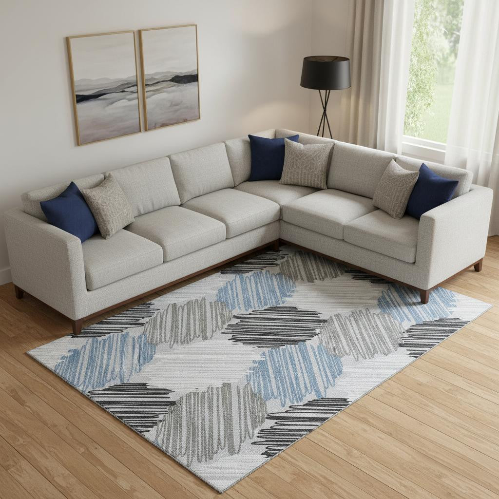 10' X 14' Blue Ivory And Gray Geometric Washable Area Rug With UV Protection - Home & Garden