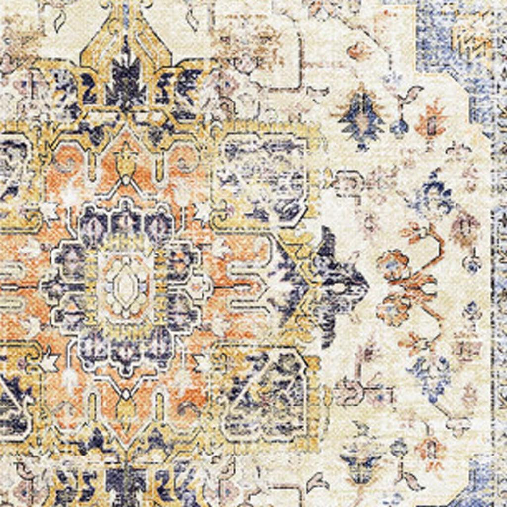5' X 7' Ivory Blue And Orange Medallion Washable Area Rug - Home & Garden