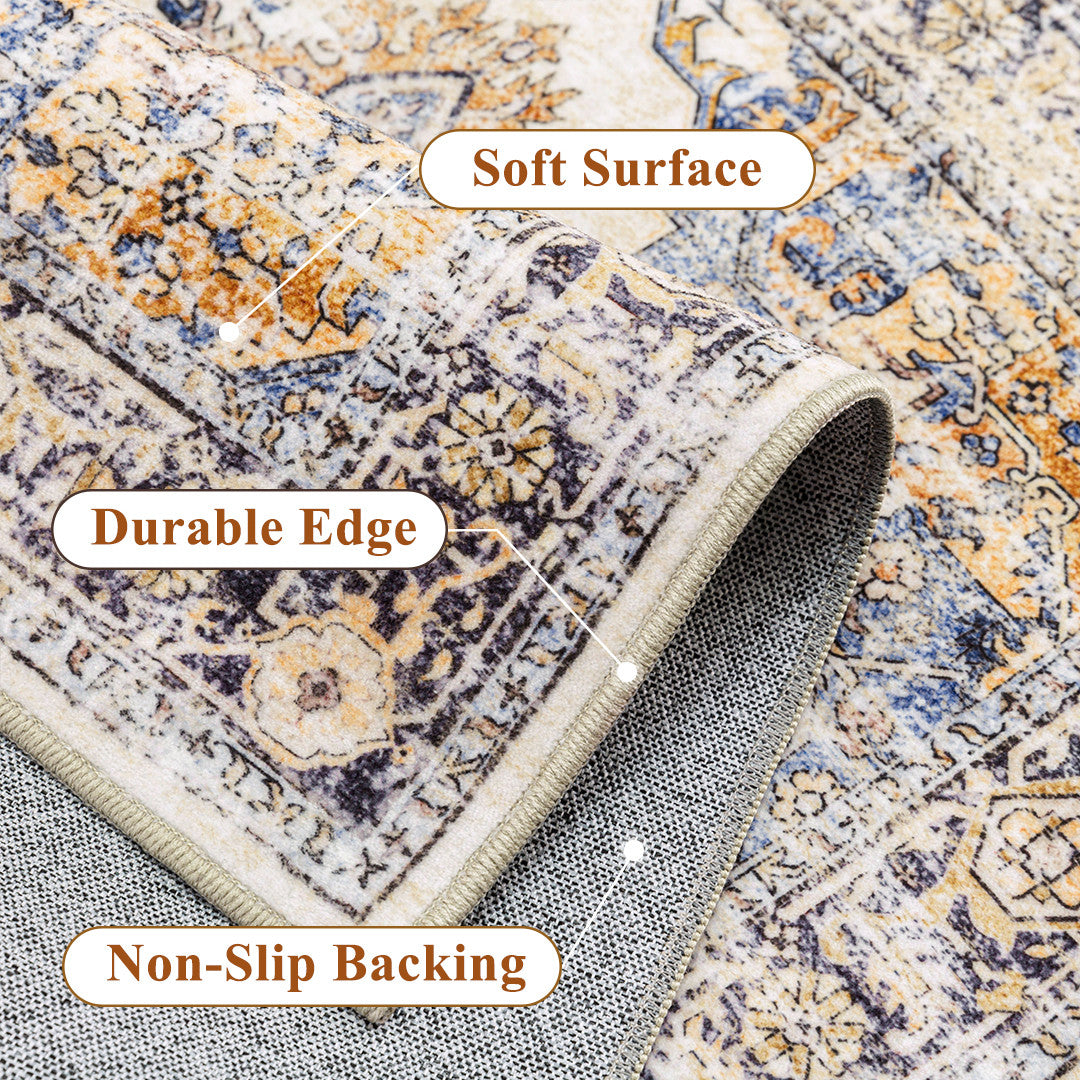 5' X 7' Ivory Blue And Orange Medallion Washable Area Rug - Home & Garden