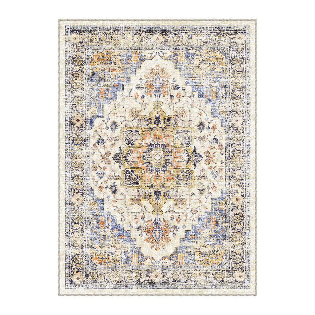 5' X 7' Ivory Blue And Orange Medallion Washable Area Rug - Home & Garden