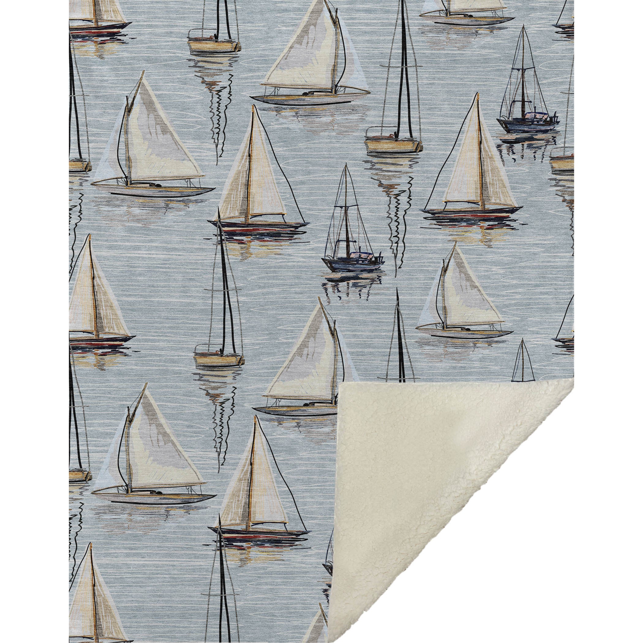50" X 70" Beige Ivory And Sky Blue Sailboat Microfiber Plush Throw Blanket - Home & Garden