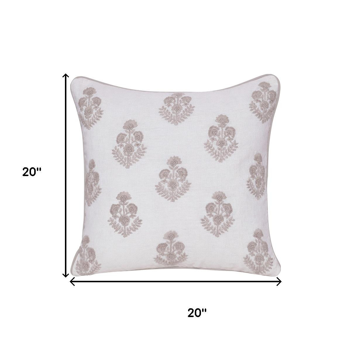 20" Off White And Taupe Floral Linen Throw Pillow Cover with Embroidery - Home & Garden