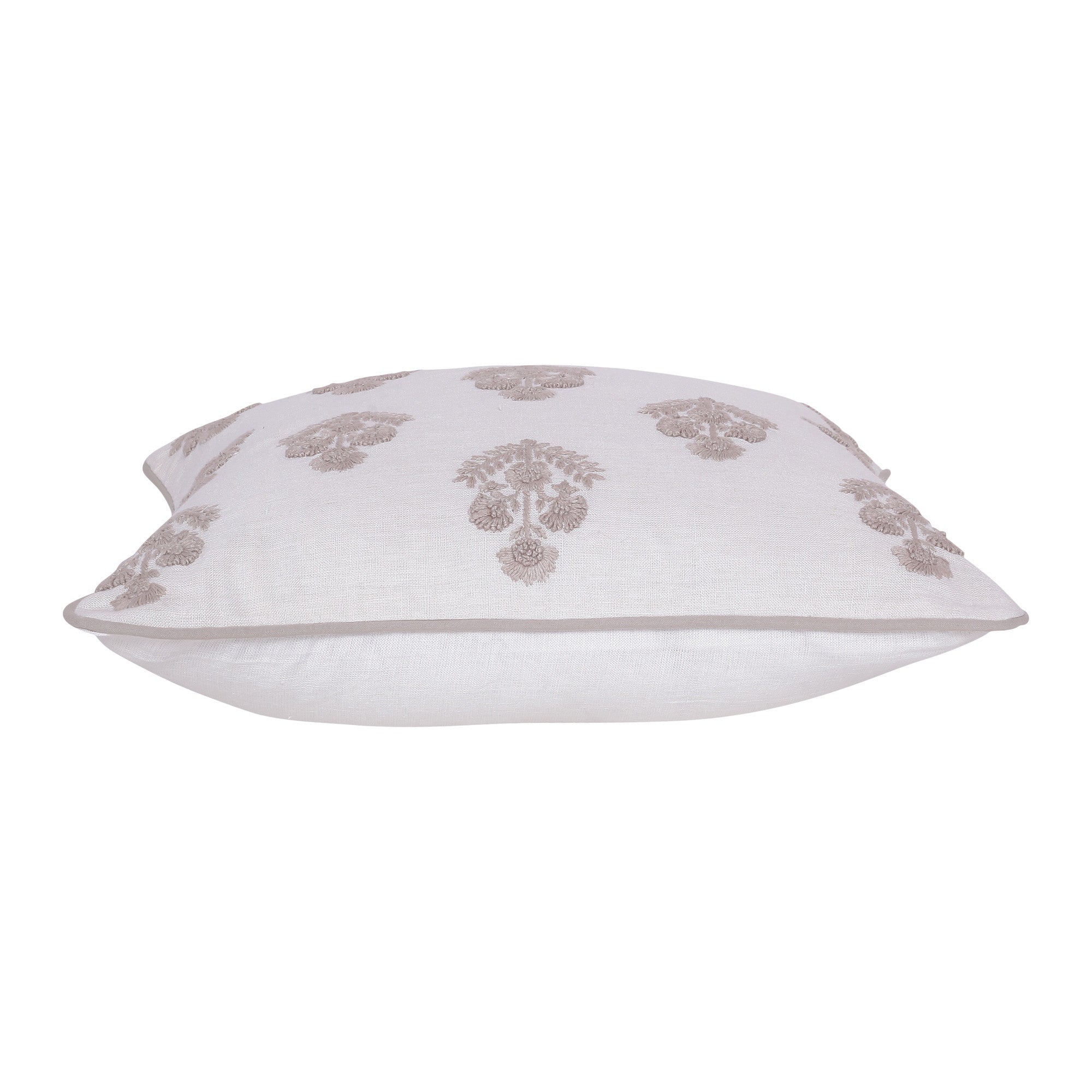 20" Off White And Taupe Floral Linen Throw Pillow Cover with Embroidery - Home & Garden