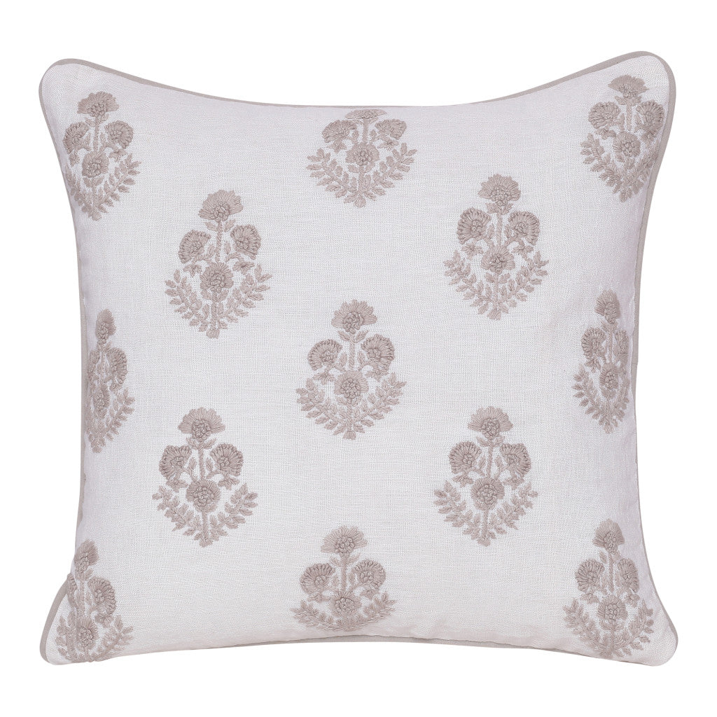 20" Off White And Taupe Floral Linen Throw Pillow Cover with Embroidery - Home & Garden