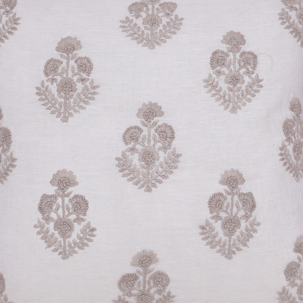 20" Off White And Taupe Floral Linen Throw Pillow Cover with Embroidery - Home & Garden