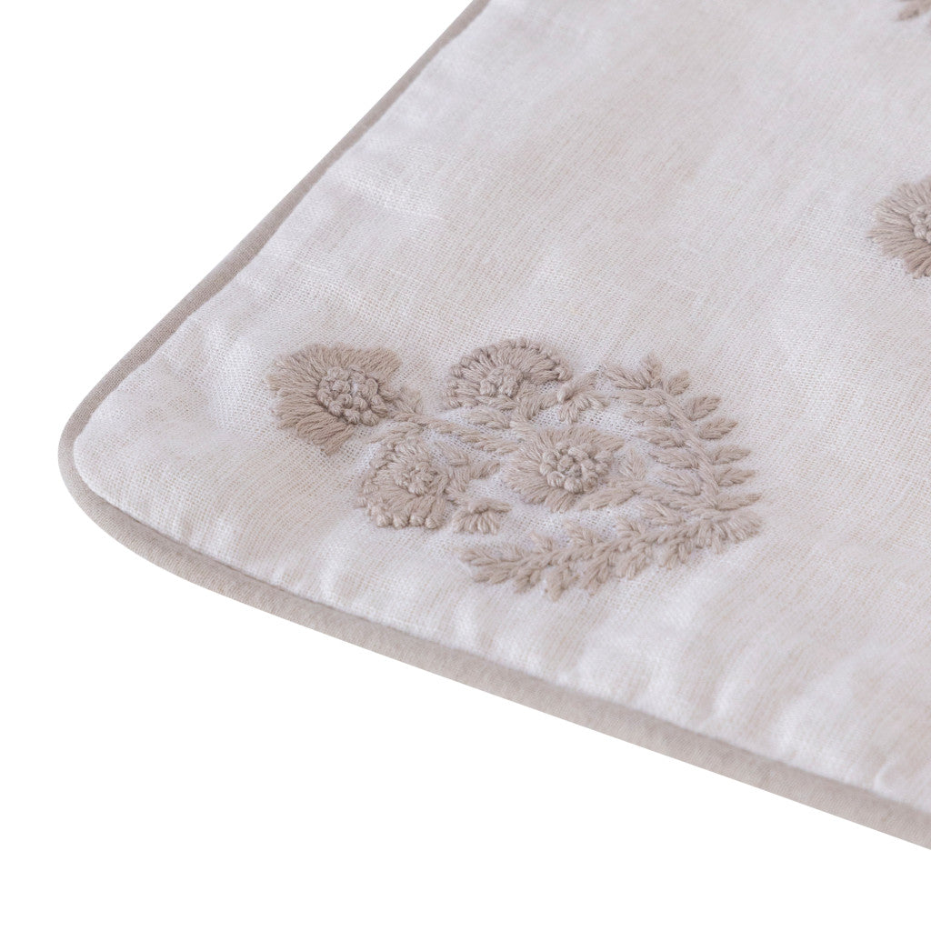 20" Off White And Taupe Floral Linen Throw Pillow Cover with Embroidery - Home & Garden