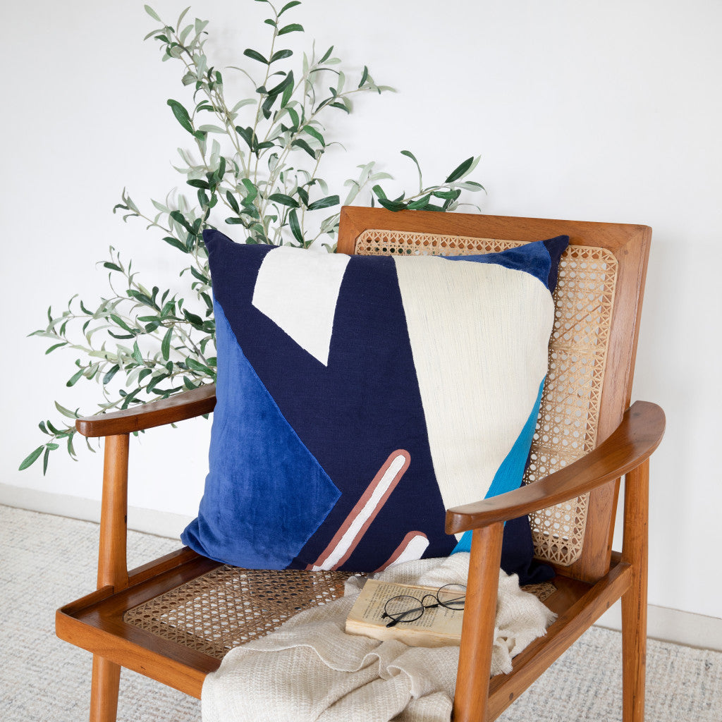 20" Cobalt Navy Blue And White Abstract Cotton Throw Pillow Cover - Home & Garden