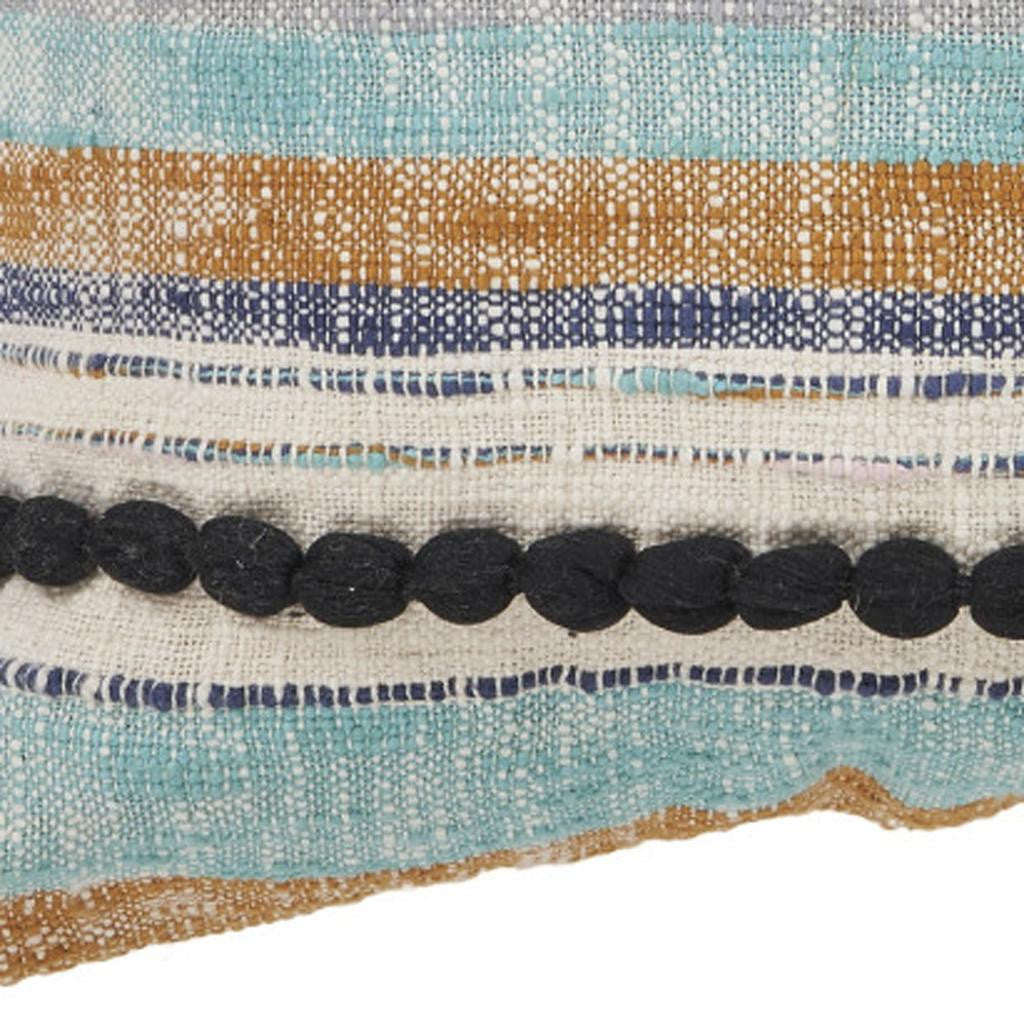 18" Blue And Tan Beach Striped Cotton Throw Pillow Cover with Tassels Tufts And Texture - Home & Garden