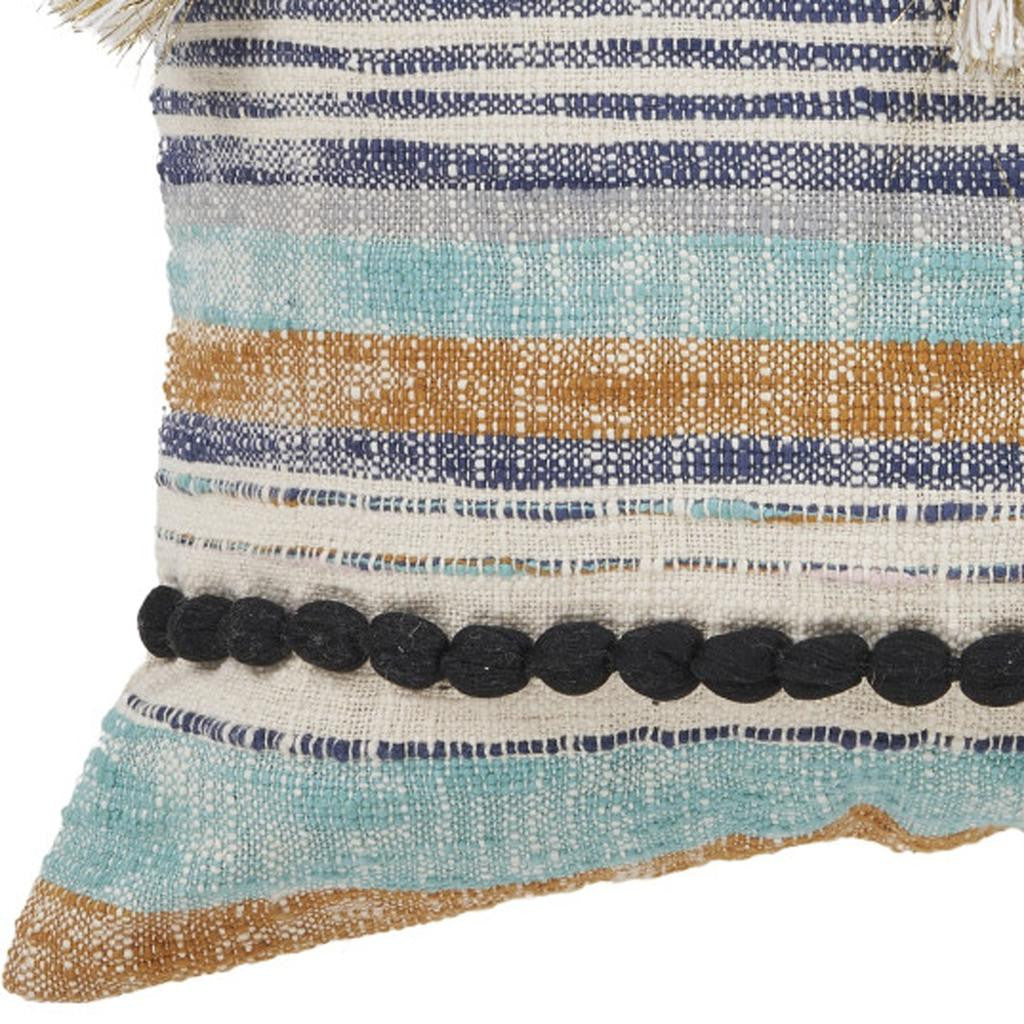 18" Blue And Tan Beach Striped Cotton Throw Pillow Cover with Tassels Tufts And Texture - Home & Garden