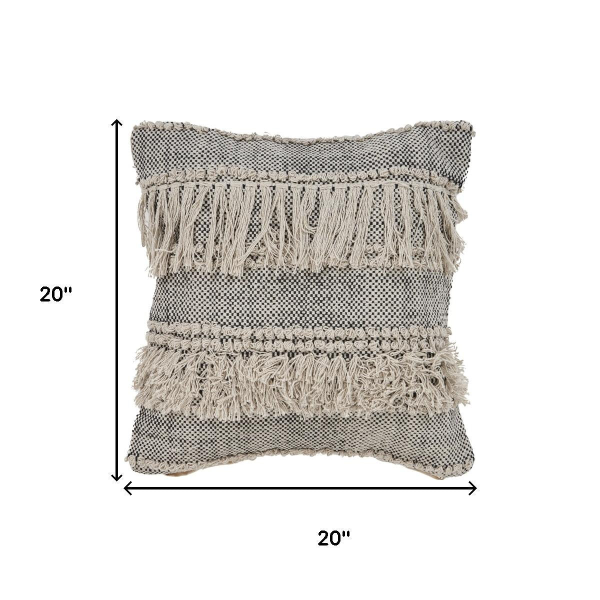 20" Beige And Black Striped Cotton Throw Pillow Cover with Fringe And Texture - Home & Garden