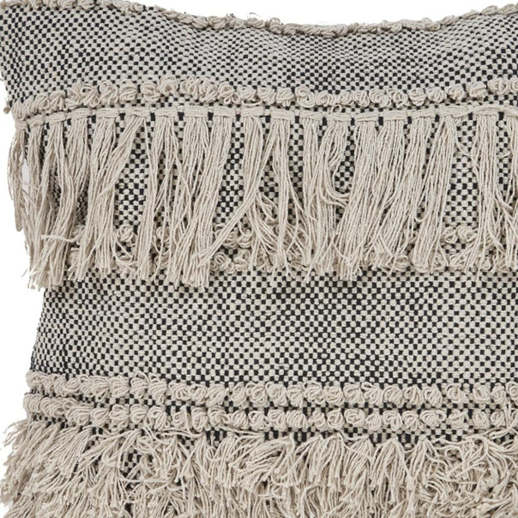 20" Beige And Black Striped Cotton Throw Pillow Cover with Fringe And Texture - Home & Garden