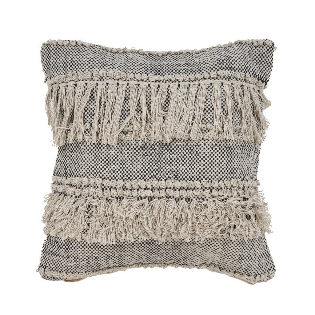 20" Beige And Black Striped Cotton Throw Pillow Cover with Fringe And Texture - Home & Garden