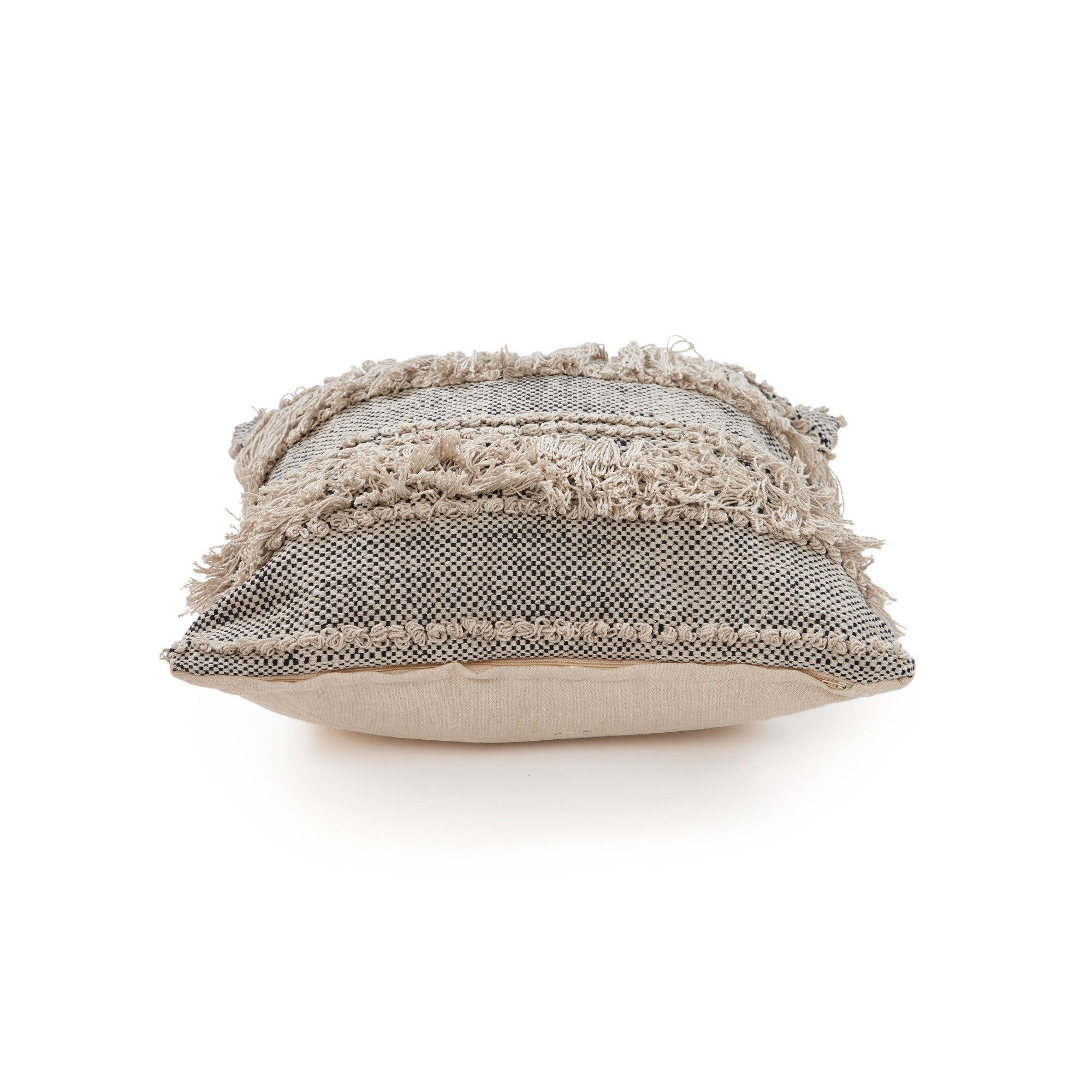 20" Beige And Black Striped Cotton Throw Pillow Cover with Fringe And Texture - Home & Garden