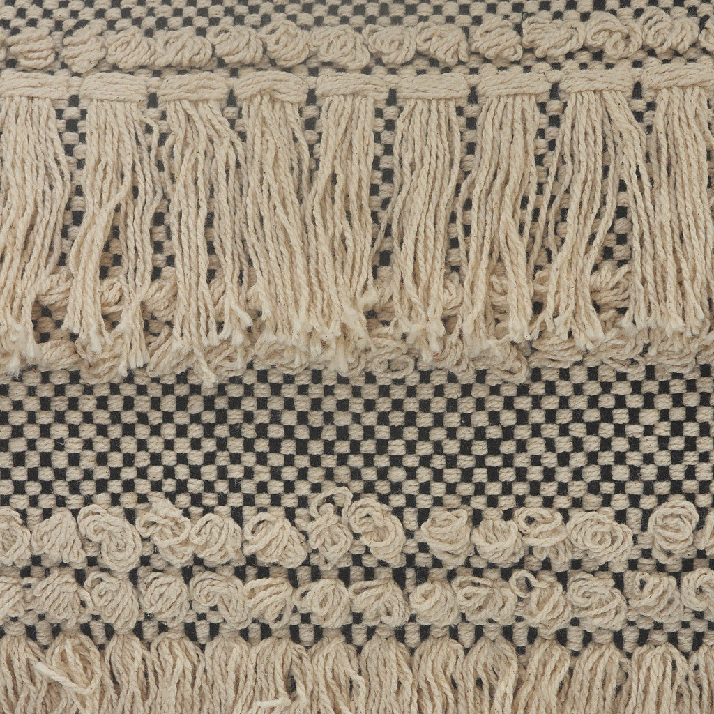 20" Beige And Black Striped Cotton Throw Pillow Cover with Fringe And Texture - Home & Garden