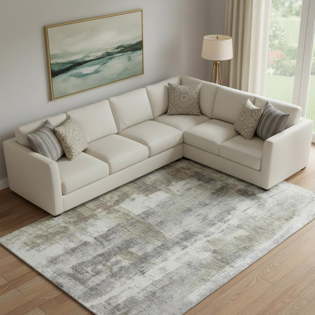 10' X 14' Beige Gray And Ivory Abstract Washable Area Rug With UV Protection - Home & Garden