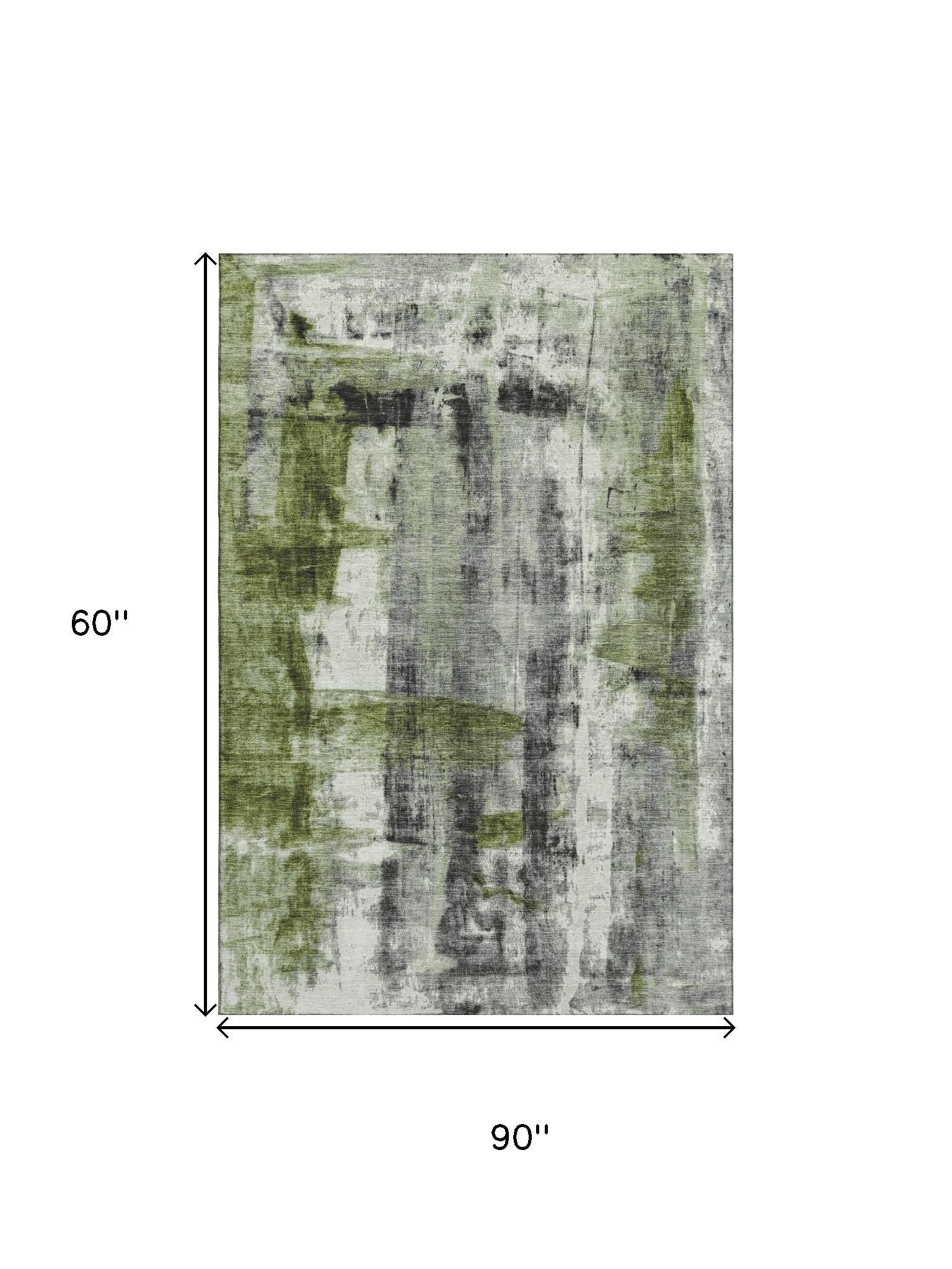 5' X 8' Olive Green Charcoal And Ivory Abstract Washable Area Rug With UV Protection - Home & Garden