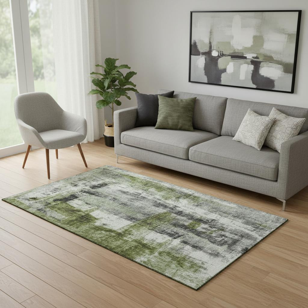 5' X 8' Olive Green Charcoal And Ivory Abstract Washable Area Rug With UV Protection - Home & Garden