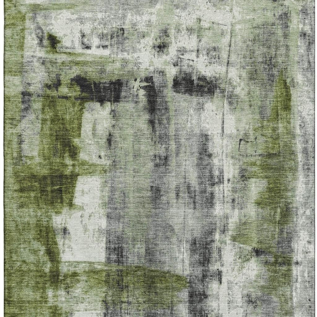 5' X 8' Olive Green Charcoal And Ivory Abstract Washable Area Rug With UV Protection - Home & Garden