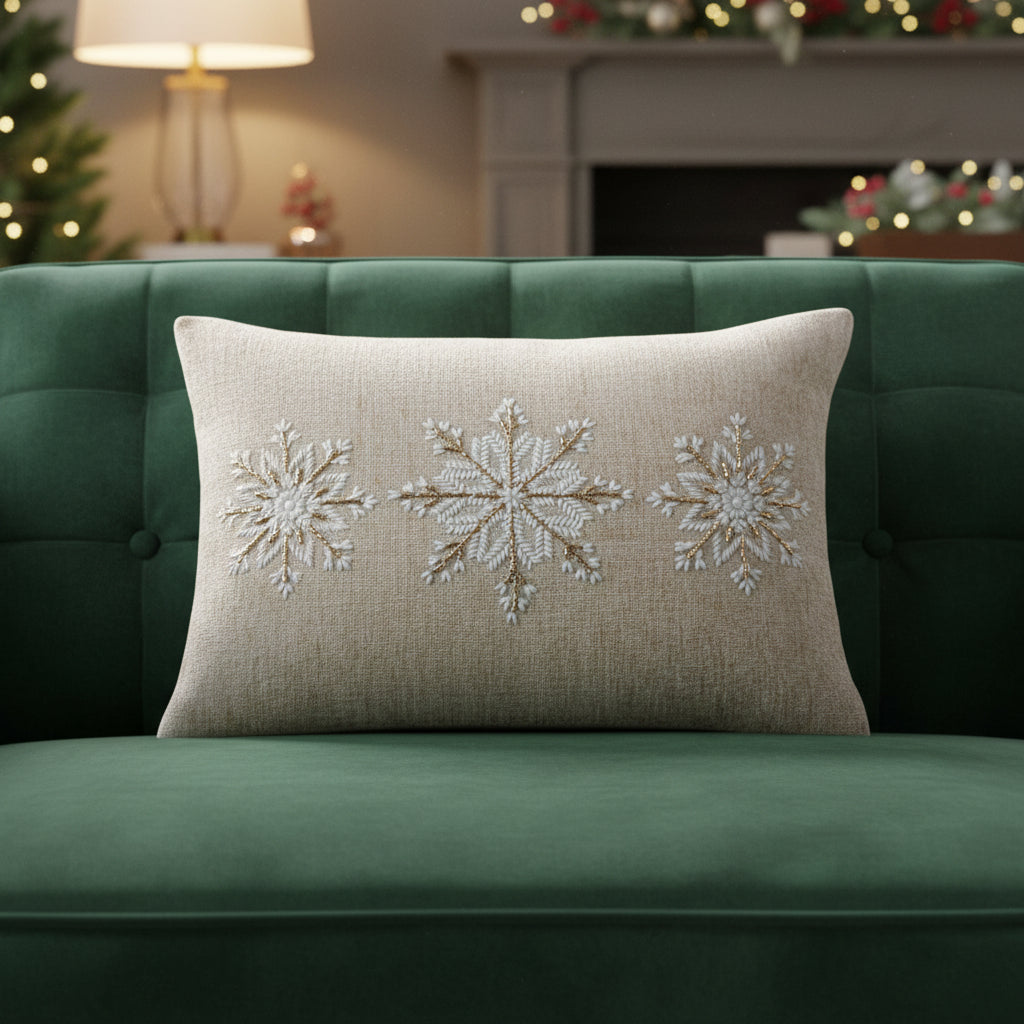 14" X 20" Beige Ivory And Gold Christmas Snowflakes Throw Pillow With Embroidery - Home & Garden