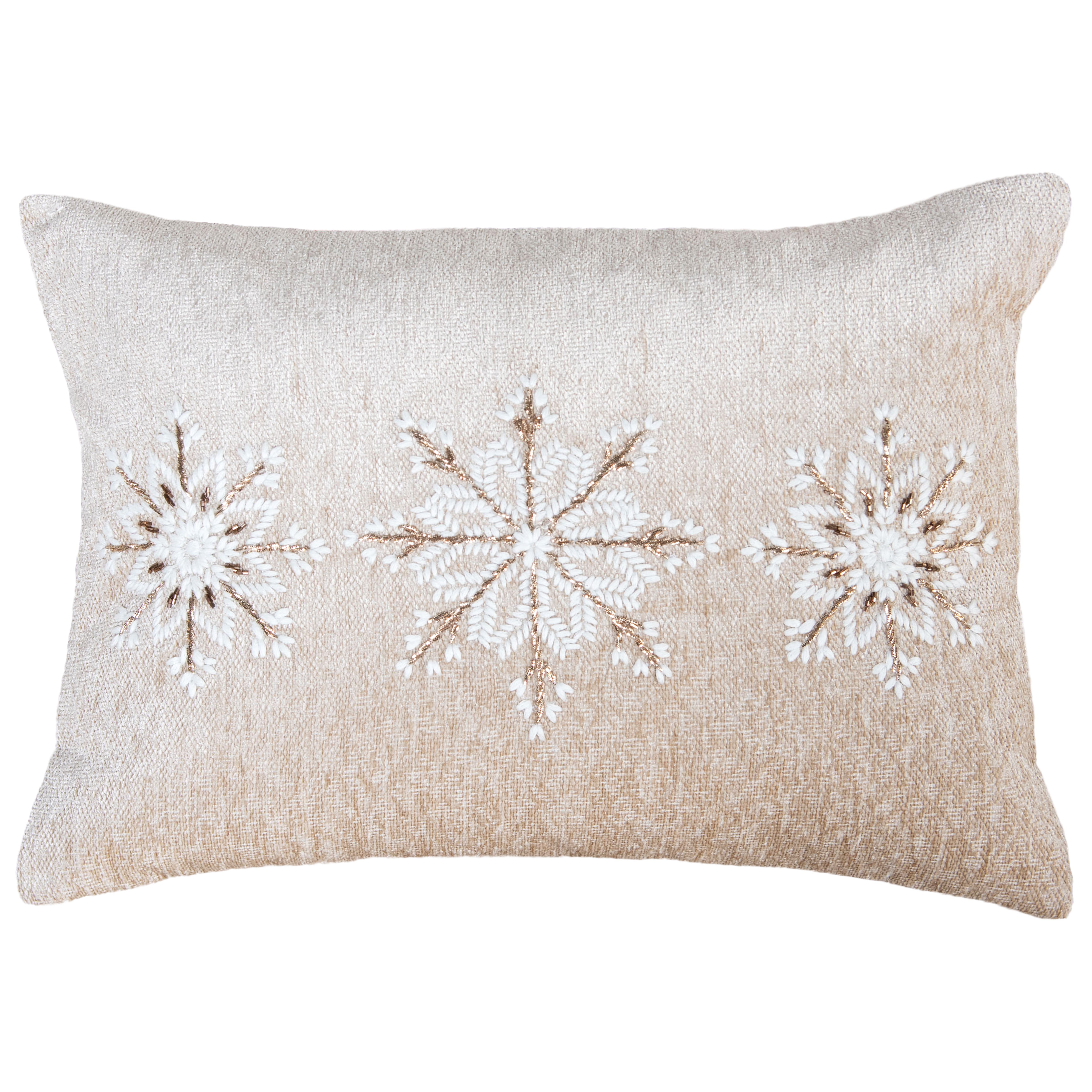 14" X 20" Beige Ivory And Gold Christmas Snowflakes Throw Pillow With Embroidery - Home & Garden