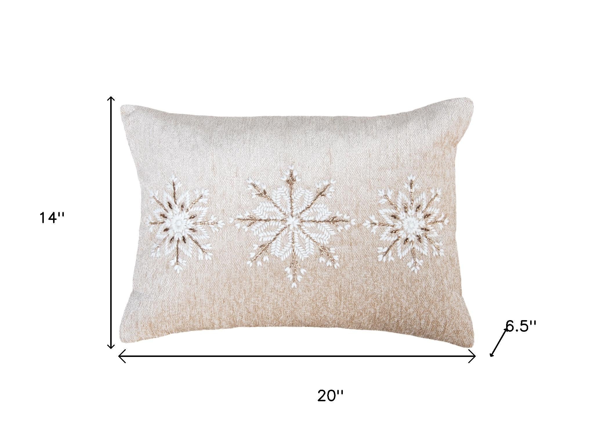 14" X 20" Beige Ivory And Gold Christmas Snowflakes Throw Pillow With Embroidery - Home & Garden