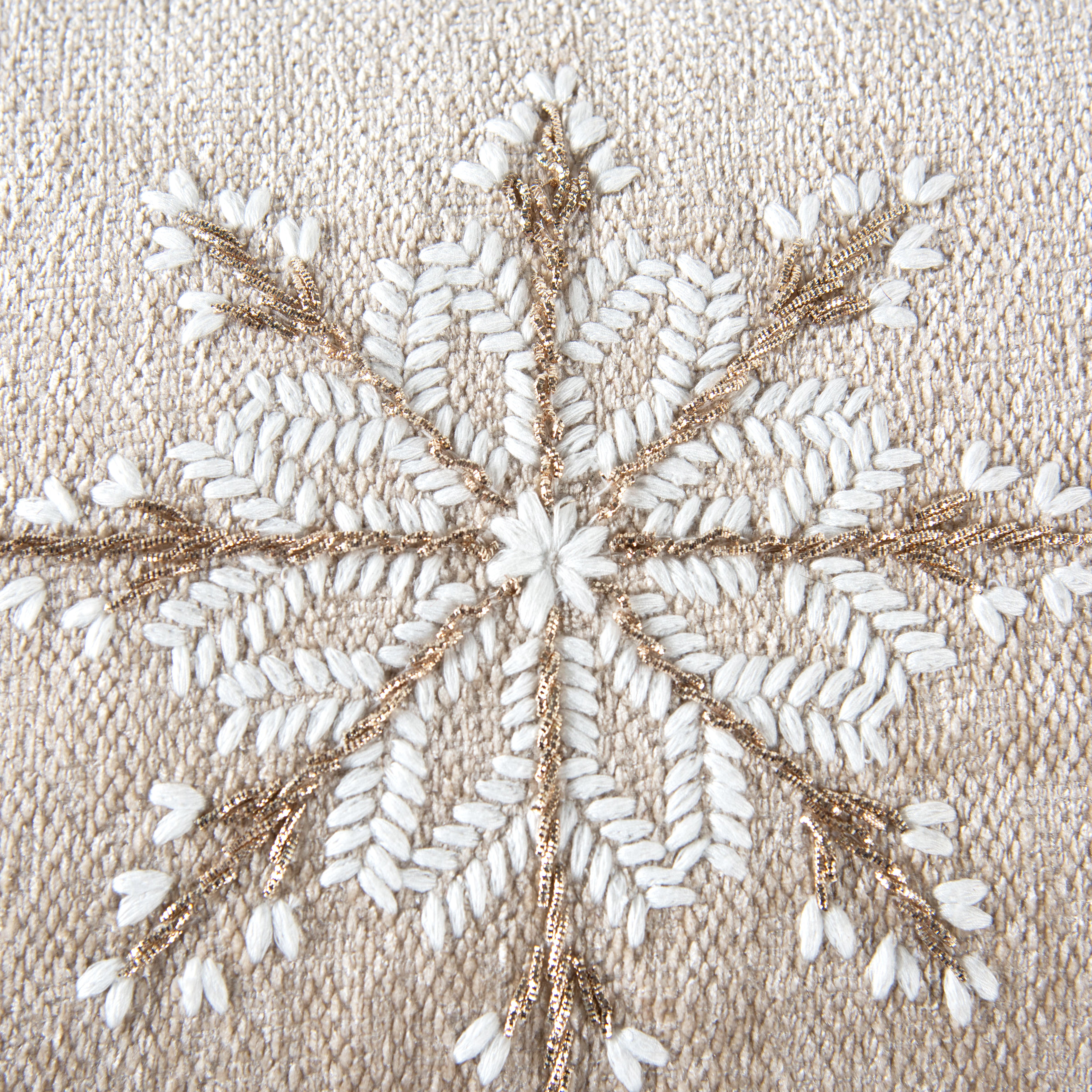 14" X 20" Beige Ivory And Gold Christmas Snowflakes Throw Pillow With Embroidery - Home & Garden