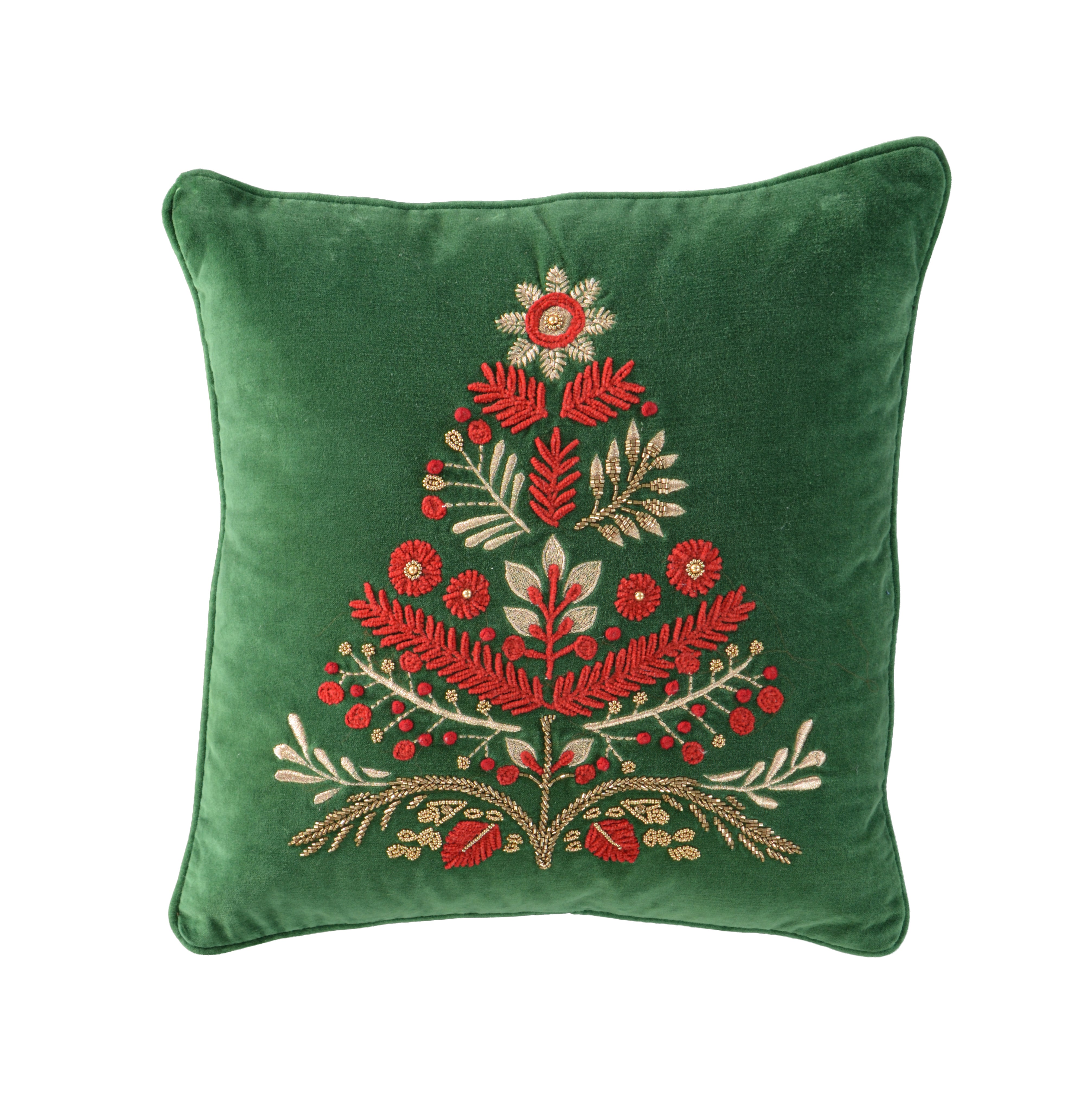 18" Green And Red Floral Velvet Cotton Christmas Tree Throw Pillow - Home & Garden