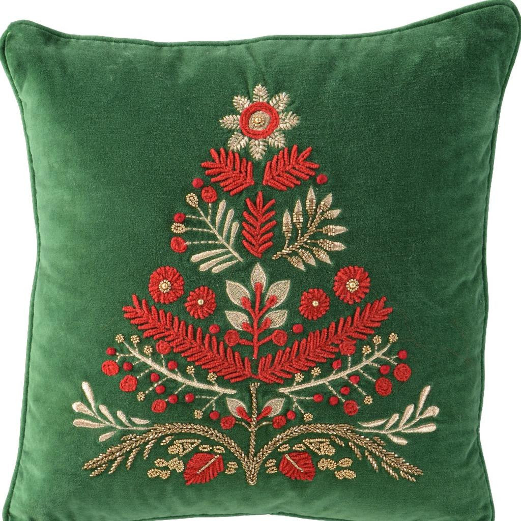 18" Green And Red Floral Velvet Cotton Christmas Tree Throw Pillow - Home & Garden